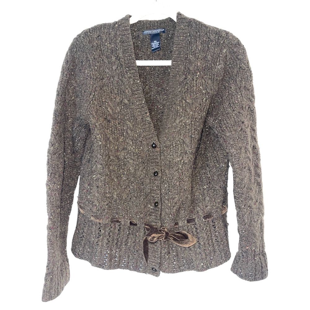 Sarah Spencer Green Lambswool Cardigan with Velvet Ribbon‎ Belt and Bow PS